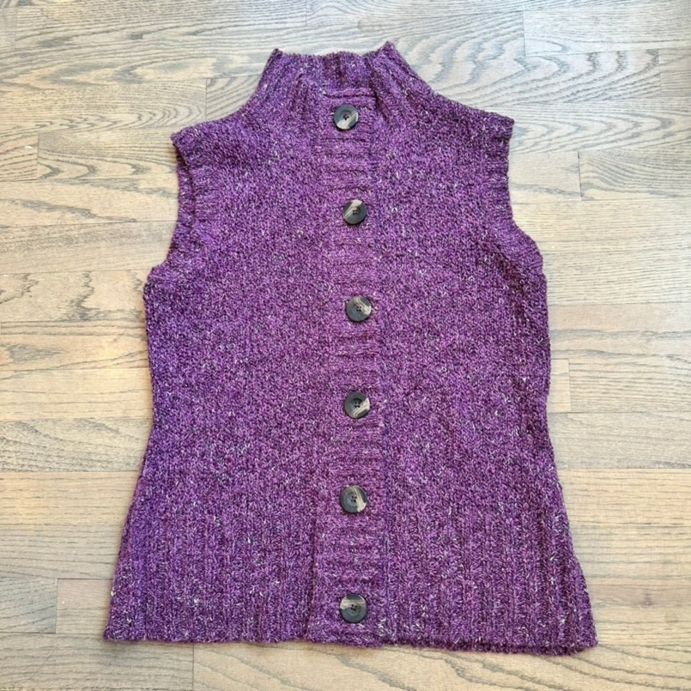 Charter Club Knit Sweater Vest Sleeveless Button Up‎ Mock Neck Purple Petite S
